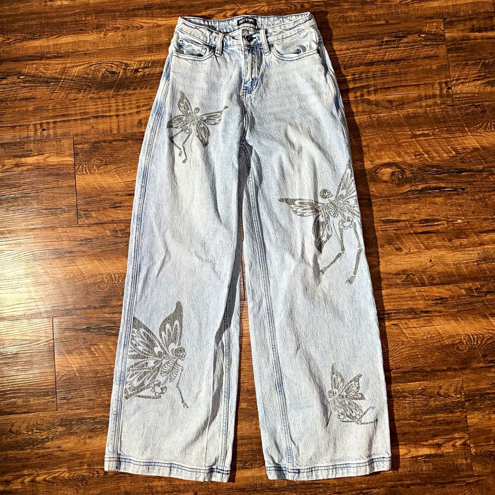 Hot Topic Light Wash Wide Leg Jeans Fairy Skeleton Graphic Print Women's 3